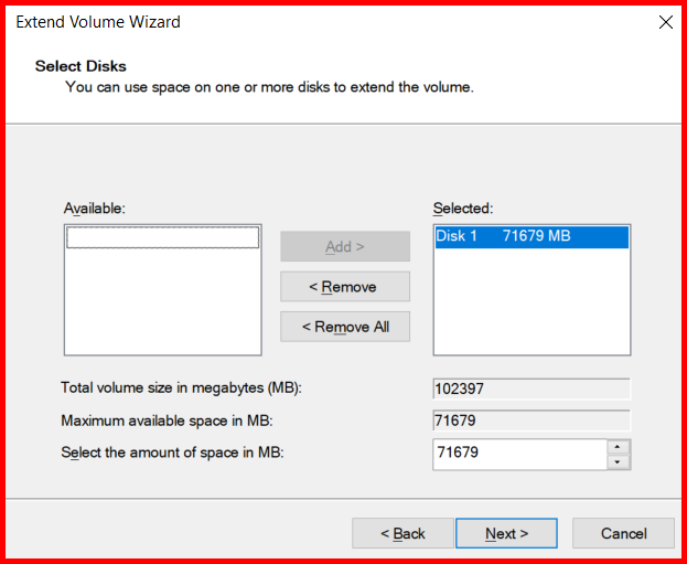 Picture showing the wizard window when user clicks on the Extend Volume option